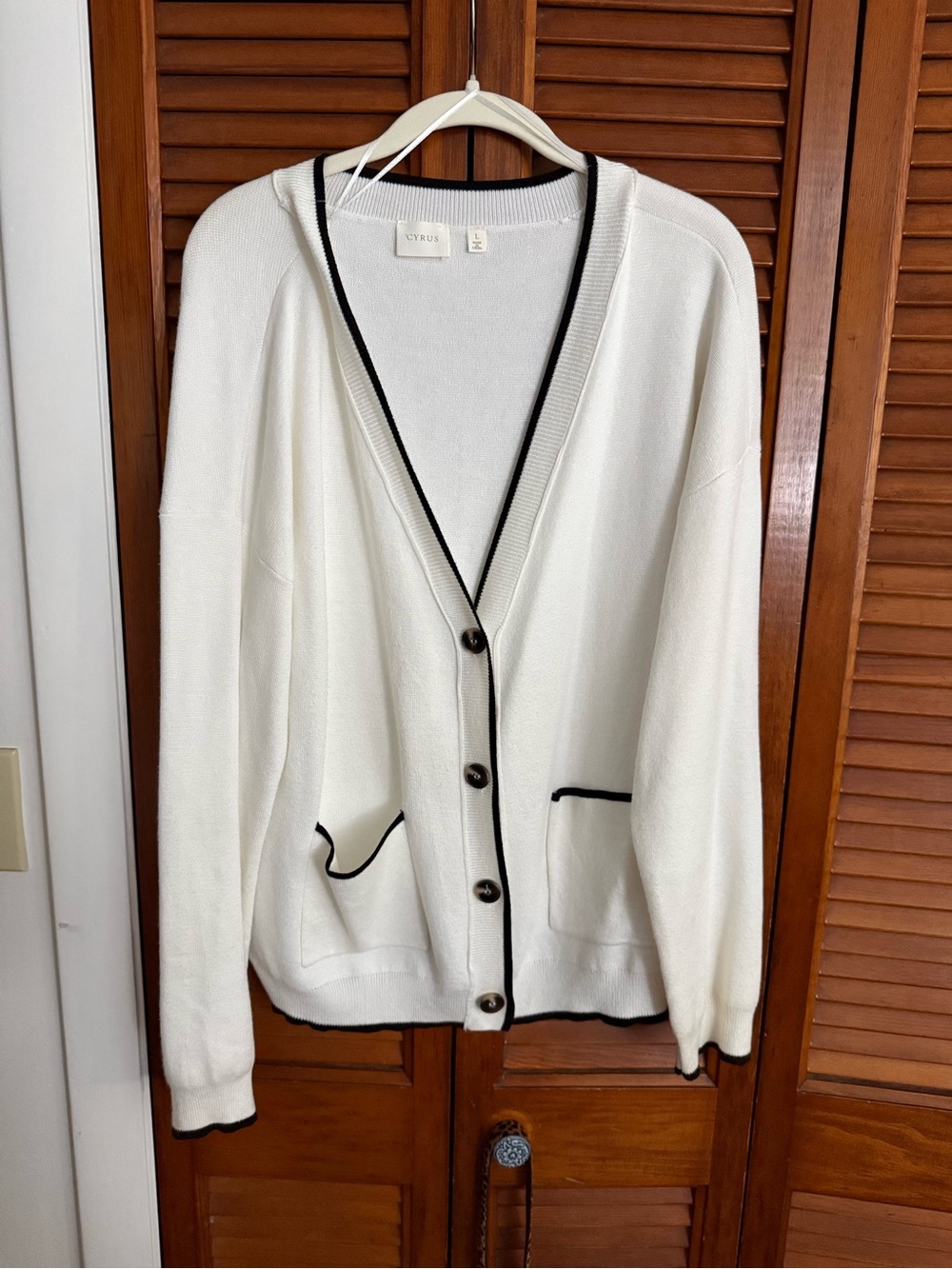 Cyrus Large Ivory Black Contrast Trim Button Front Cardigan